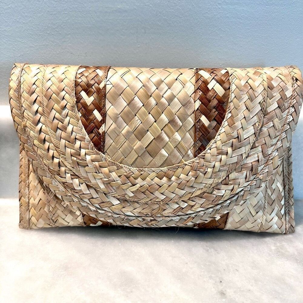 Unique Handmade Summer Jute Straw Clutch Tropical Fabric Interior 11x6''